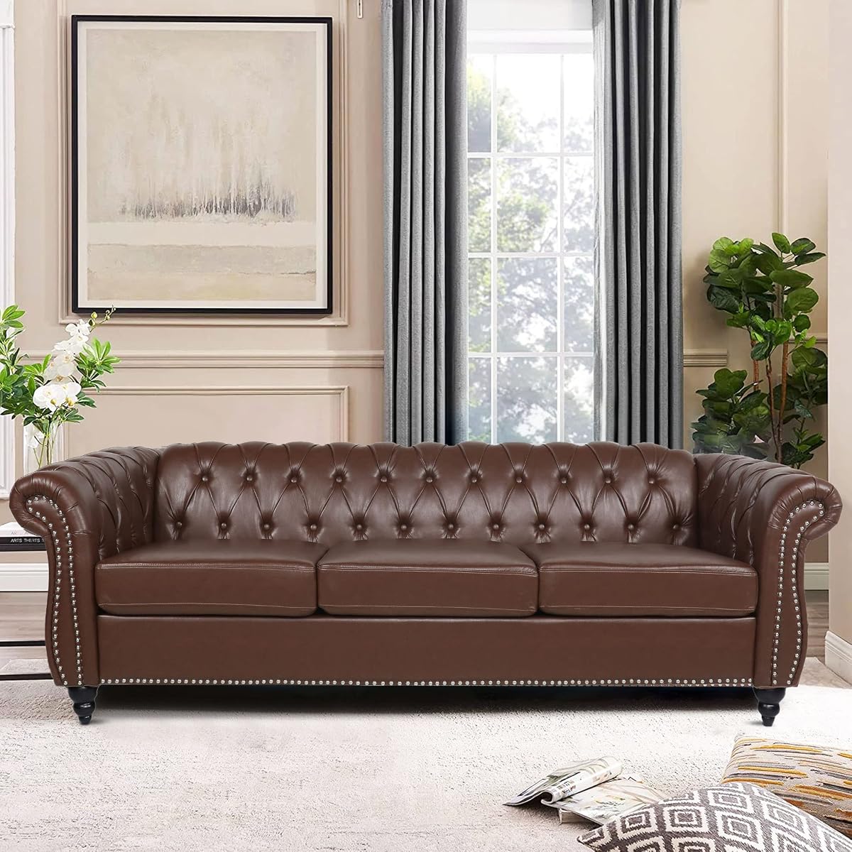 Chesterfield Sofa, Classic Tufted Upholstered Leather Couch, Modern 3 Seater Couch Furniture with Tufted Back for Living Room Office (Dark Brown)