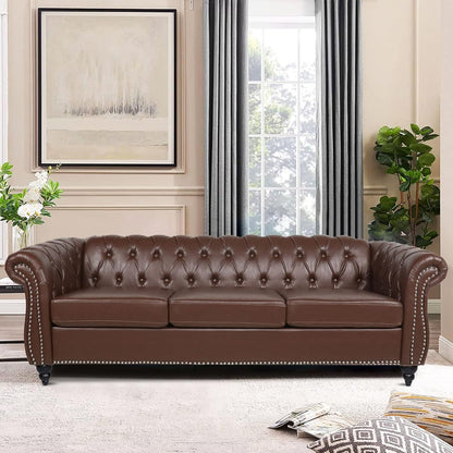 Chesterfield Sofa, Classic Tufted Upholstered Leather Couch, Modern 3 Seater Couch Furniture with Tufted Back for Living Room Office (Dark Brown)