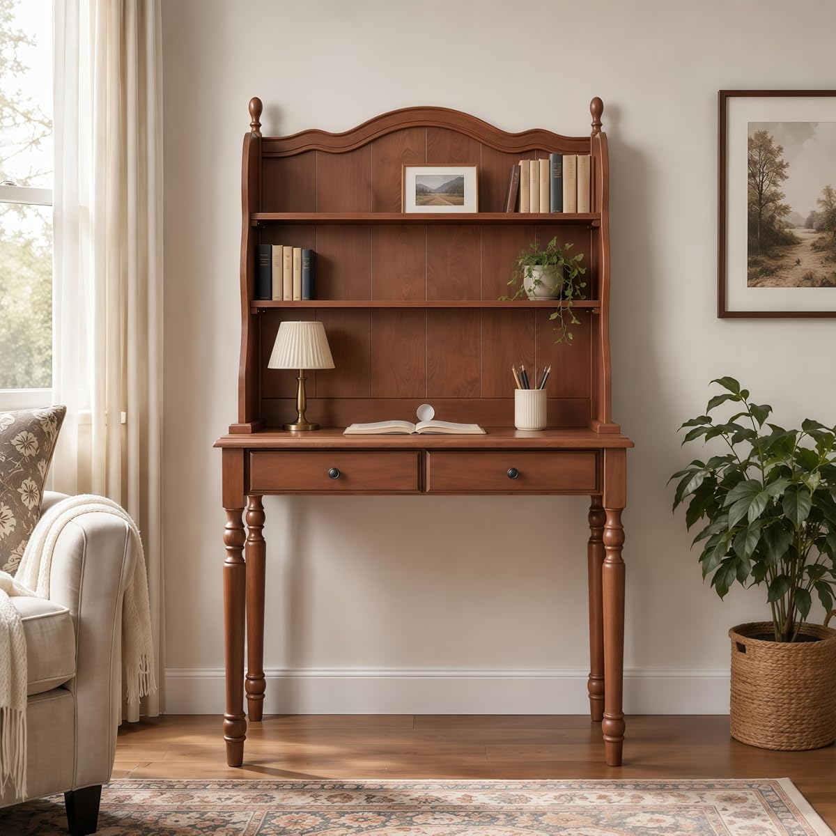 Vintage Desk with Hutch,Drawers & Shelves,Computer Desk with Storage,Walnut