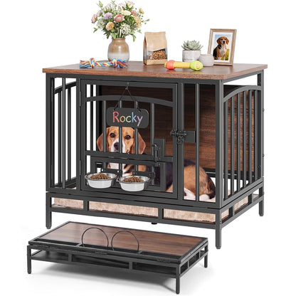 31.5" Foldable Dog Crate Furniture with 360° Swivel Feeding Bowls