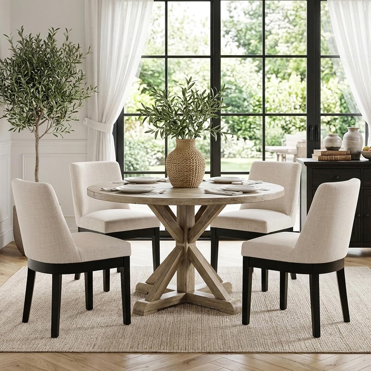 Modern Dining Chairs Set of 4 with Comfortable Back Support, Farmhouse Soft Linen Upholstered Dining Room Chairs with Black Solid Wood Legs, Armless Kitchen Side Chairs for Living Room, Beige