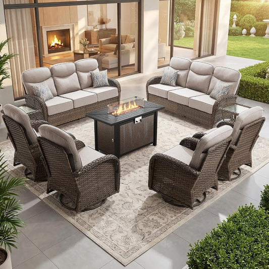 Outdoor Swivel Rocking Chair Patio Set (9pcs) High-Back - Thick Cushion Swivel Rocking Chair Patio with Fire Table Set, All-Weather Wicker Patio Furniture Set, Suitable for Balcony Patios, Brown/Beige