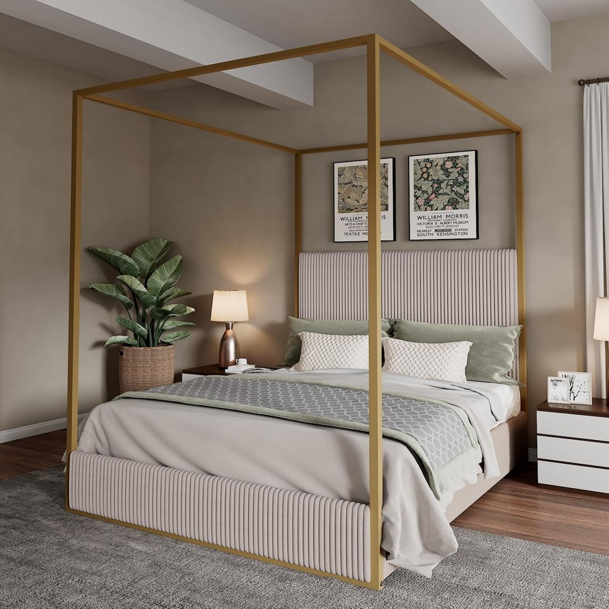 Luxury Queen Metal Canopy Bed with Tall Upholstered Headboard, Beige
