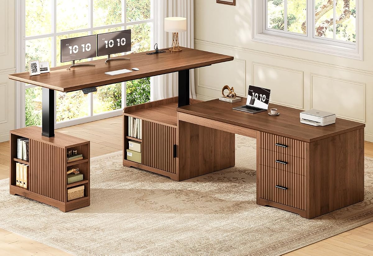 Fluted L Shaped Standing Desk with Storage for Home Office, Brown