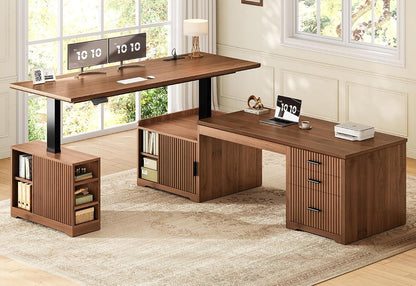 Fluted L Shaped Standing Desk with Storage for Home Office, Brown