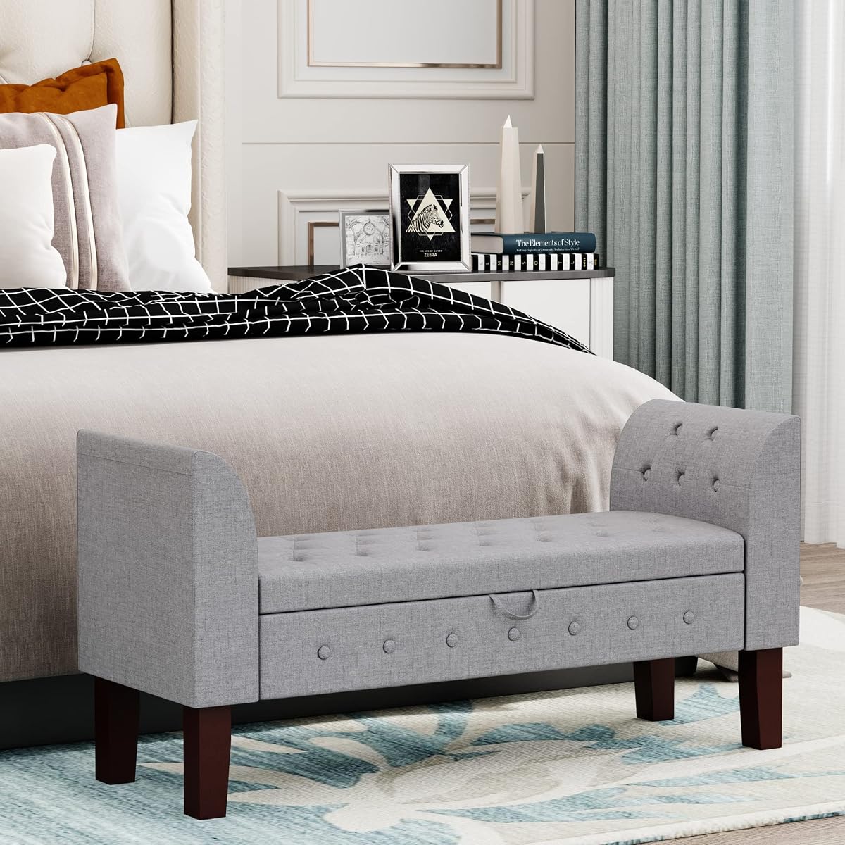 Tufted Stroage Bench for Bedroom Uphosltered Ottoman Bench with Arm with Storage for Entryway, Living Room Gray