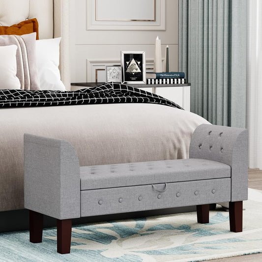 Tufted Stroage Bench for Bedroom Uphosltered Ottoman Bench with Arm with Storage for Entryway, Living Room Gray