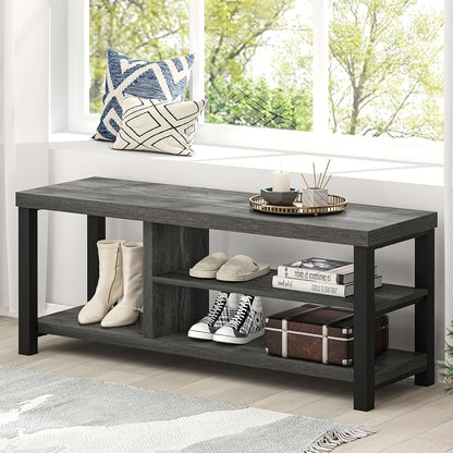 Industrial Entryway Bench, Rustic Indoor Shoe Boot Storage Bench Seat for Living Room, Grey