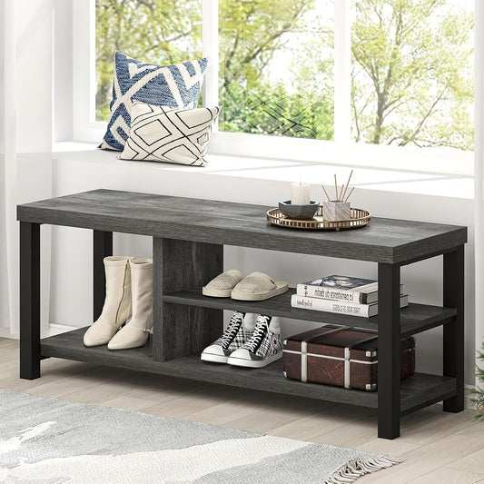 Industrial Entryway Bench, Rustic Indoor Shoe Boot Storage Bench Seat for Living Room, Grey