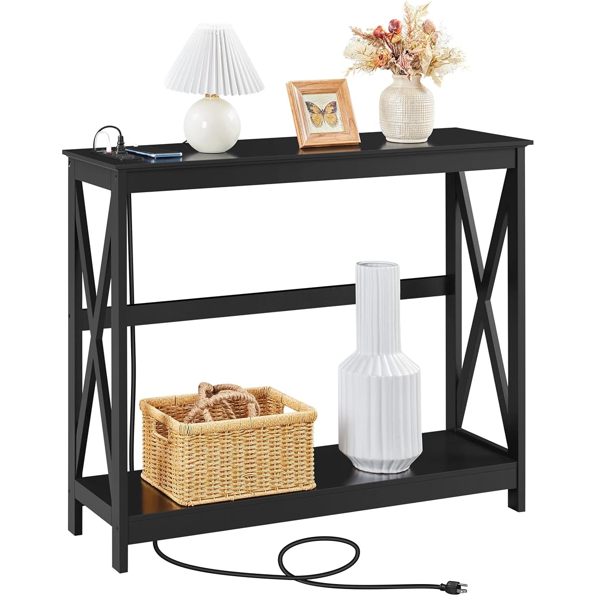 Yaheetech 40" Console Table with Power Outlets and USB Ports, Wood Entryway Table with Charging Station & Storage Shelf, Narrow 2-Tier Sofa Table for Living Room Hallway Foyer, Black