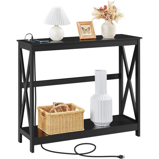 Yaheetech 40" Console Table with Power Outlets and USB Ports, Wood Entryway Table with Charging Station & Storage Shelf, Narrow 2-Tier Sofa Table for Living Room Hallway Foyer, Black