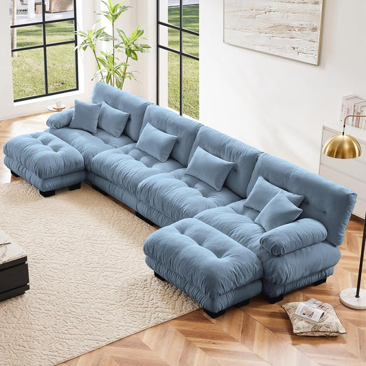 Oversized Modular Velvet Sectional Cloud Sofa Couch with Movable Ottoman,Corner Sofa with Comfortable Armrests, Deep Seat, Convertible L or U Shaped Couch (Sky-Light Blue, 4 Seat + 2 Ottoman)