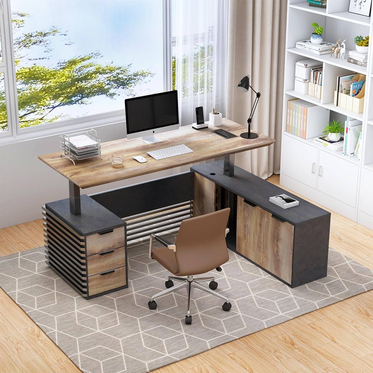 70.87IN Adjustable Heigh L Shaped Executive Desk w/Cabinet Storage, Modern Computer Standing Home Office Desk w/File Cabinet, AC/USB, Large Writing Table Business Workstation