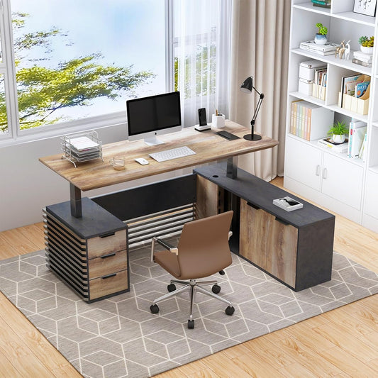 70.87IN Adjustable Heigh L Shaped Executive Desk w/Cabinet Storage, Modern Computer Standing Home Office Desk w/File Cabinet, AC/USB, Large Writing Table Business Workstation