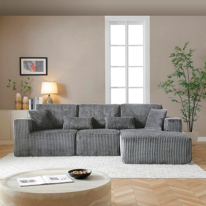 109" Modular L-Shaped Corner Cloud Sofa Corduroy Modular Couches with Deep Seat, 3 Pieces Compressed Boneless Sofa W/Right Chaise Lounge and 4 Pillows for Living Room