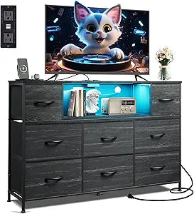 Dresser TV Stand for 55 Inch TV, 8 Drawers, LED, Black Wood Grain, view 2
