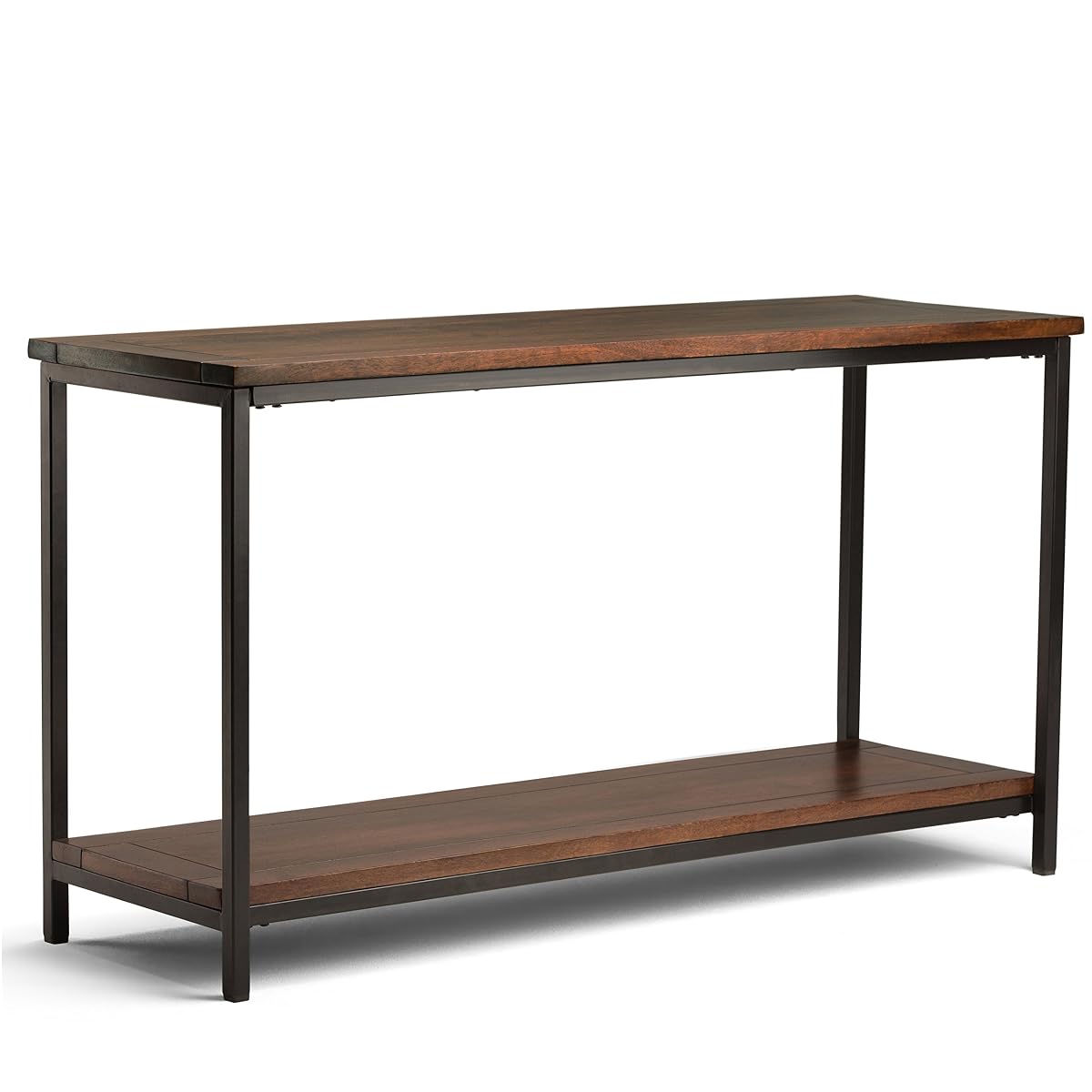 Skyler Console Table - 54 Inch Wide Solid Mango Wood and Metal Sofa Table in Dark Cognac Brown, Industrial Entryway Table for Living Room with Open Bottom Shelf and Black Steel Frame