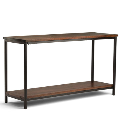 Skyler Console Table - 54 Inch Wide Solid Mango Wood and Metal Sofa Table in Dark Cognac Brown, Industrial Entryway Table for Living Room with Open Bottom Shelf and Black Steel Frame