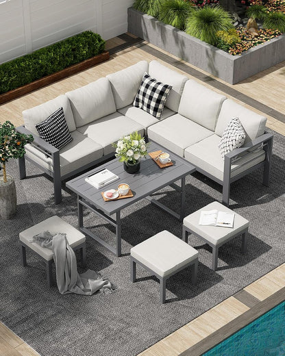 Aluminum Patio Furniture Set, 8 Seats Modern Outdoor Furniture with Adjustable Table, 7 Pieces Metal Conversation Sectional Sofa, Light Gray