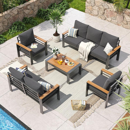 Aluminum Patio Furniture Set 7 Seats, Oversized Outdoor Sectional with Washable Thick Cushions, Coffee Table, Patio Conversation Sets for Porch, Balcony, Deck, Dark Gray