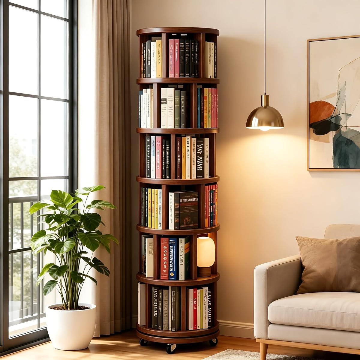 6Tier Solid Wood 360° Rotating Bookshelf Tower Round Revolving Book Shelf