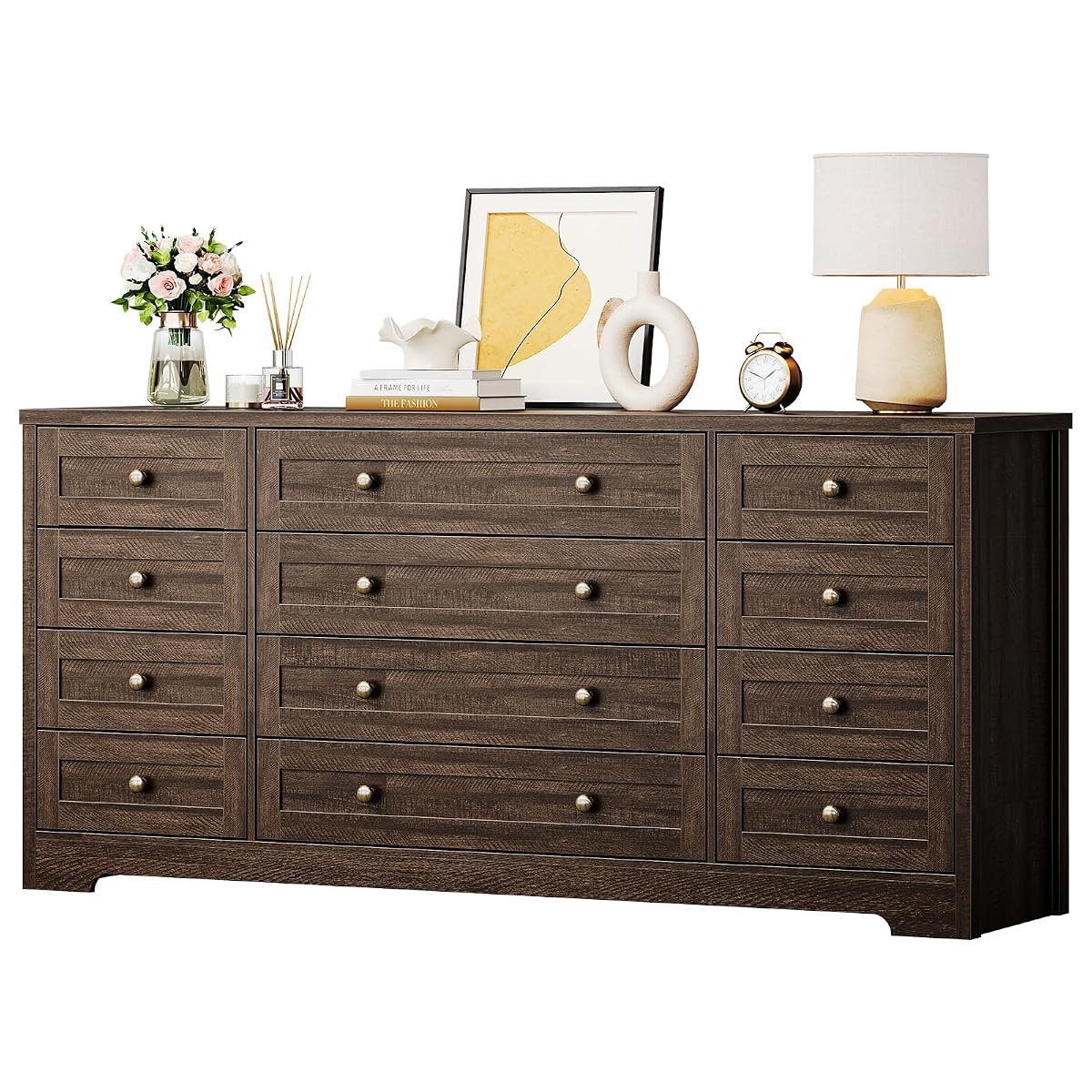 12 Drawer Wooden Dressers for Bedroom, Farmhouse Brown Wood Dresser