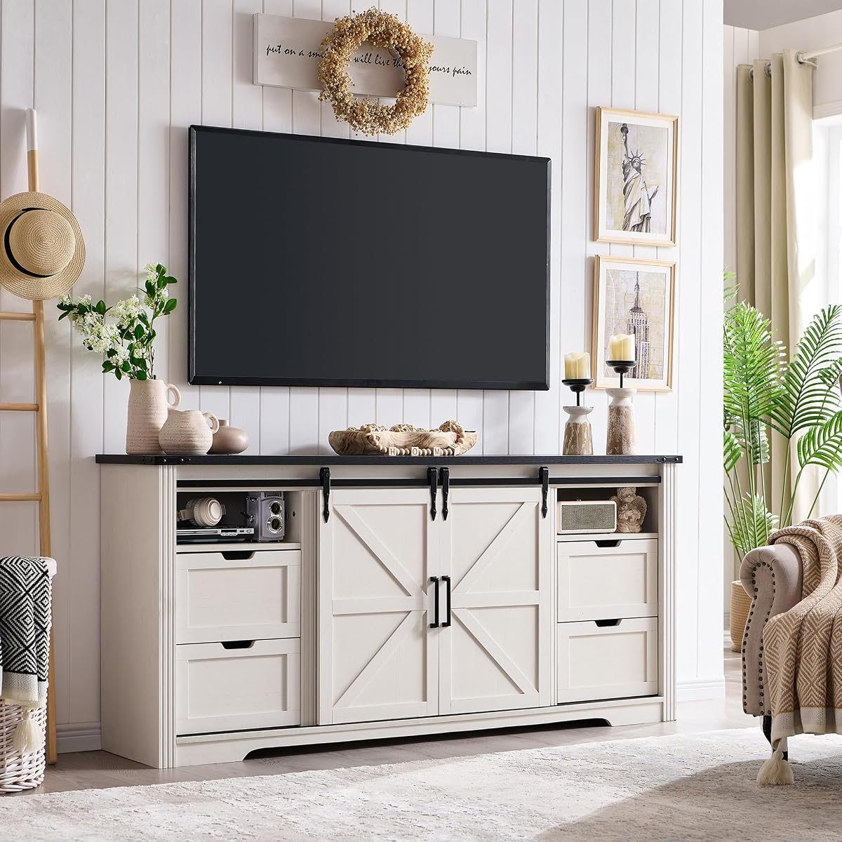 66“TV Stand, 32" Tall Entertainment Center w/4 Drawers & Sliding Barn Door