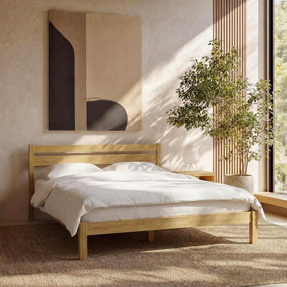 Full Bed Frame with Headboard Classic Wood Platform, Noise Free