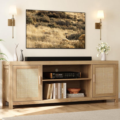Rattan TV Stand 66In for 75 inch Natural Oak