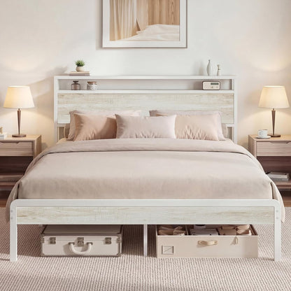 Queen Bed Frame with 2-Tier Storage Shelf Headboard