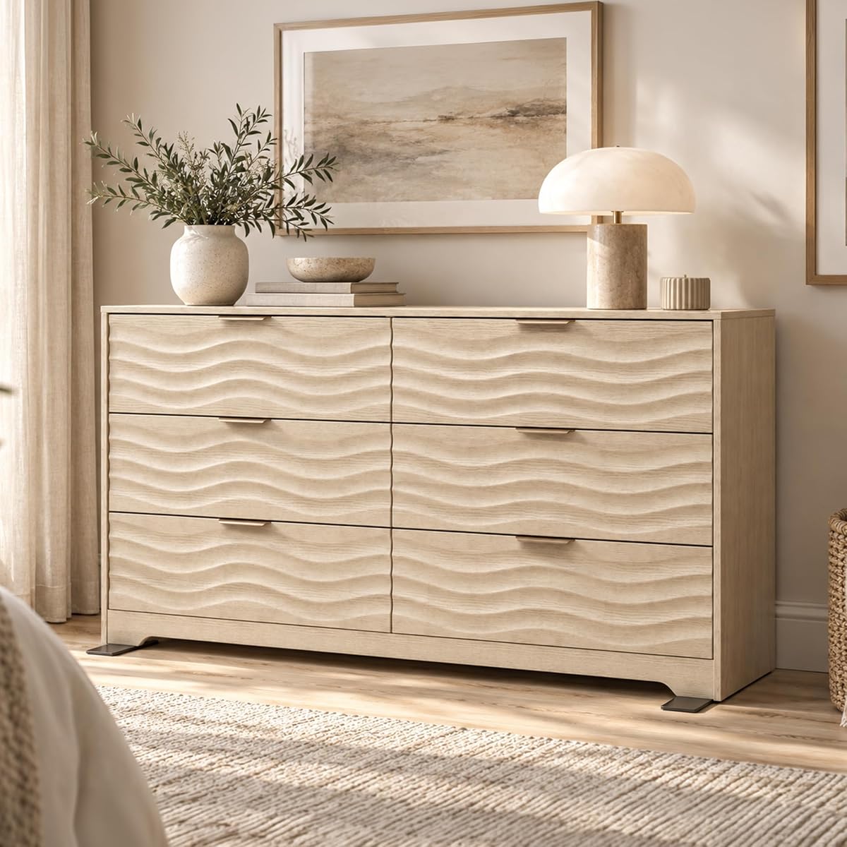 55" Wide Coastline Fluted 6 Drawers Dresser for Bedroom,Natural
