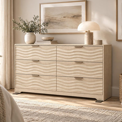 55" Wide Coastline Fluted 6 Drawers Dresser for Bedroom,Natural