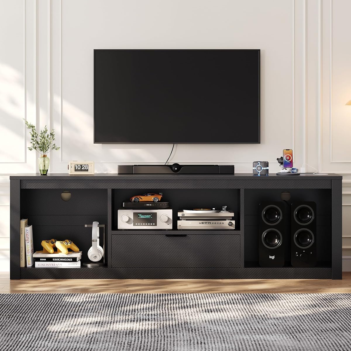 70" Black Gaming TV Stand with LED Lights & Power Outlet