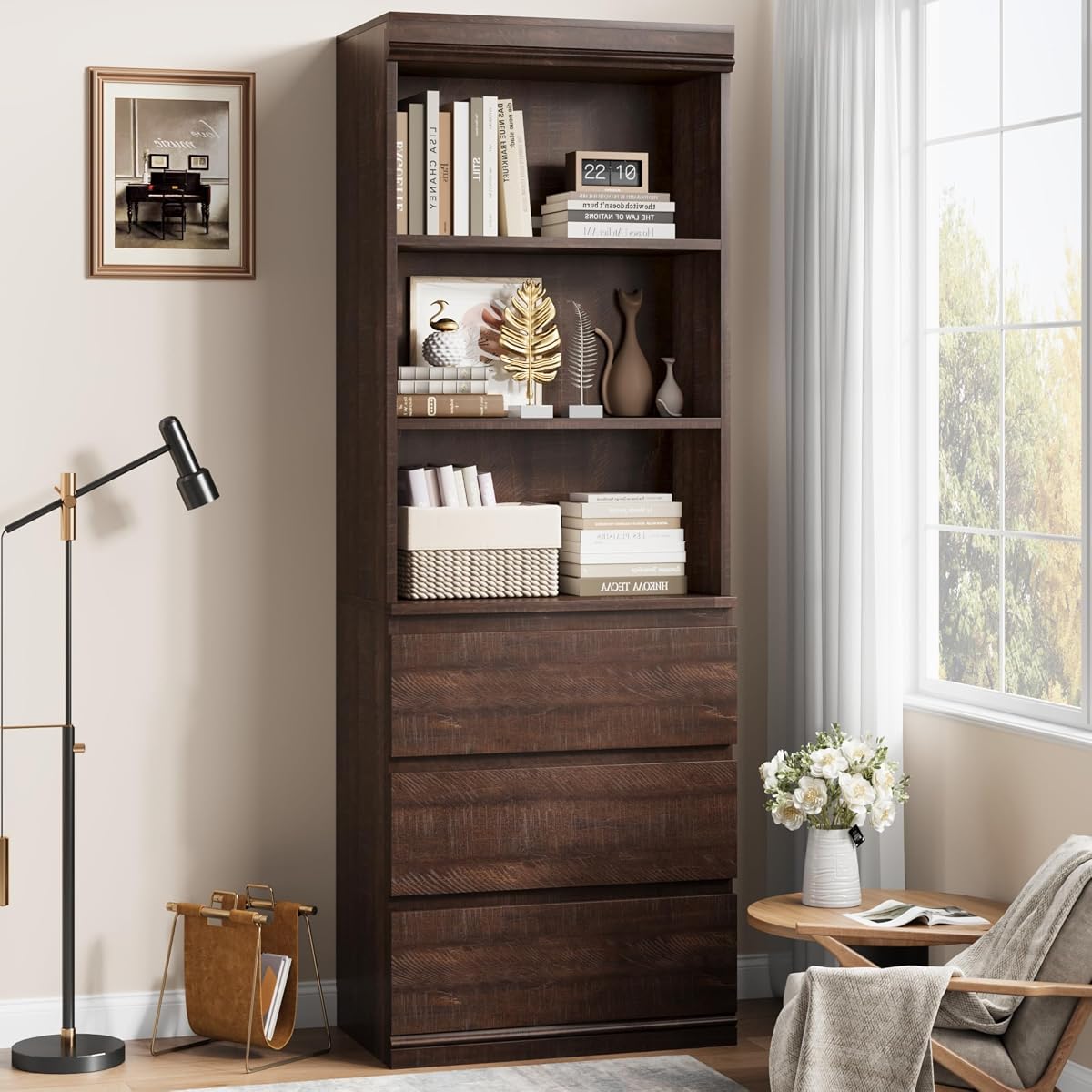 70" Tall Bookcase with Drawers, Bookshelf w/ 3 Tier Open Shelves & 3 Storage Drawers, Modern Deep Storage Book Shelf Storage Cabinet Organizer for Living Room Office Library (Brown)