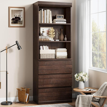 70" Tall Bookcase with Drawers, Bookshelf w/ 3 Tier Open Shelves & 3 Storage Drawers, Modern Deep Storage Book Shelf Storage Cabinet Organizer for Living Room Office Library (Brown)