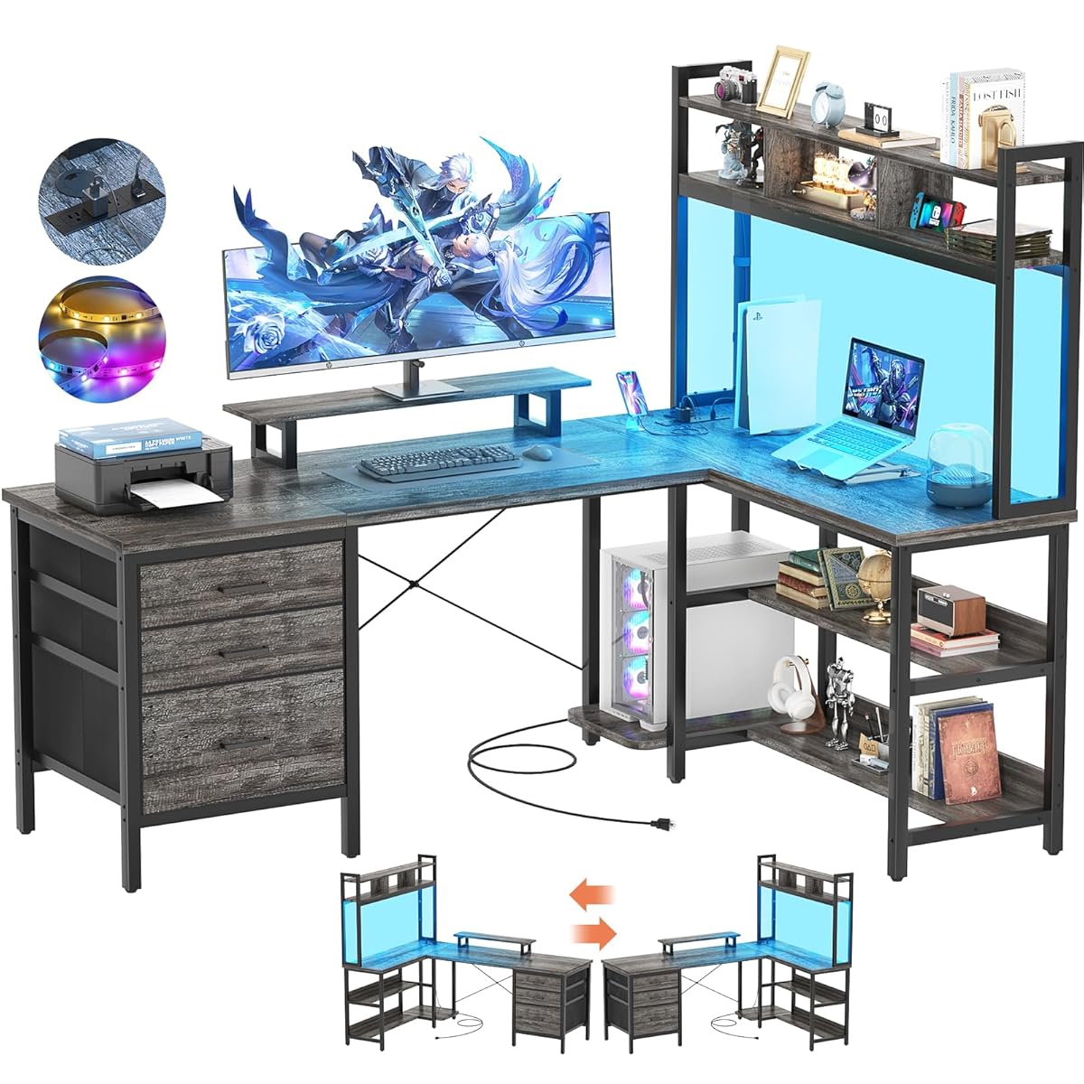 L Shaped Desk with Hutch, Gaming Desk with Led Lights, Reversible Computer Desk with Power Outlet, Corner Desk with File Drawer & Monitor Stand, Storage Shelves for Home Office, Black Oak