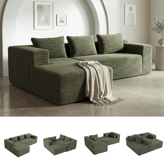 Modular Sectional L-Shaped Sofa with Deep Seat, Modern Boneless Comfy Corduroy Fluffy Couch with Side Pockets and Anti-Slip & Floor-Friendly Bottom for Living Room, No Assembly, Green
