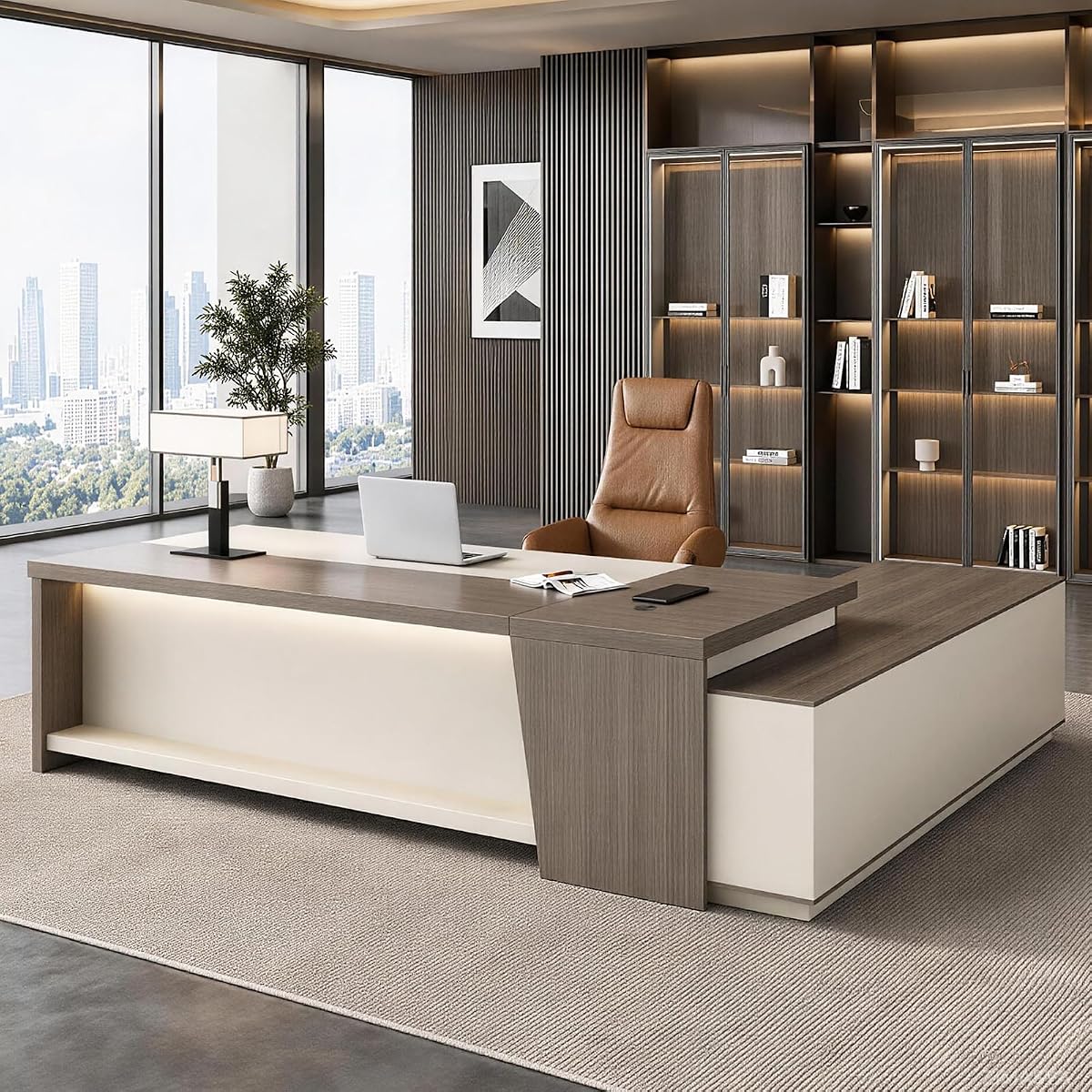 79 Inch L Shaped Executive Office Desk with Storage Cabinet