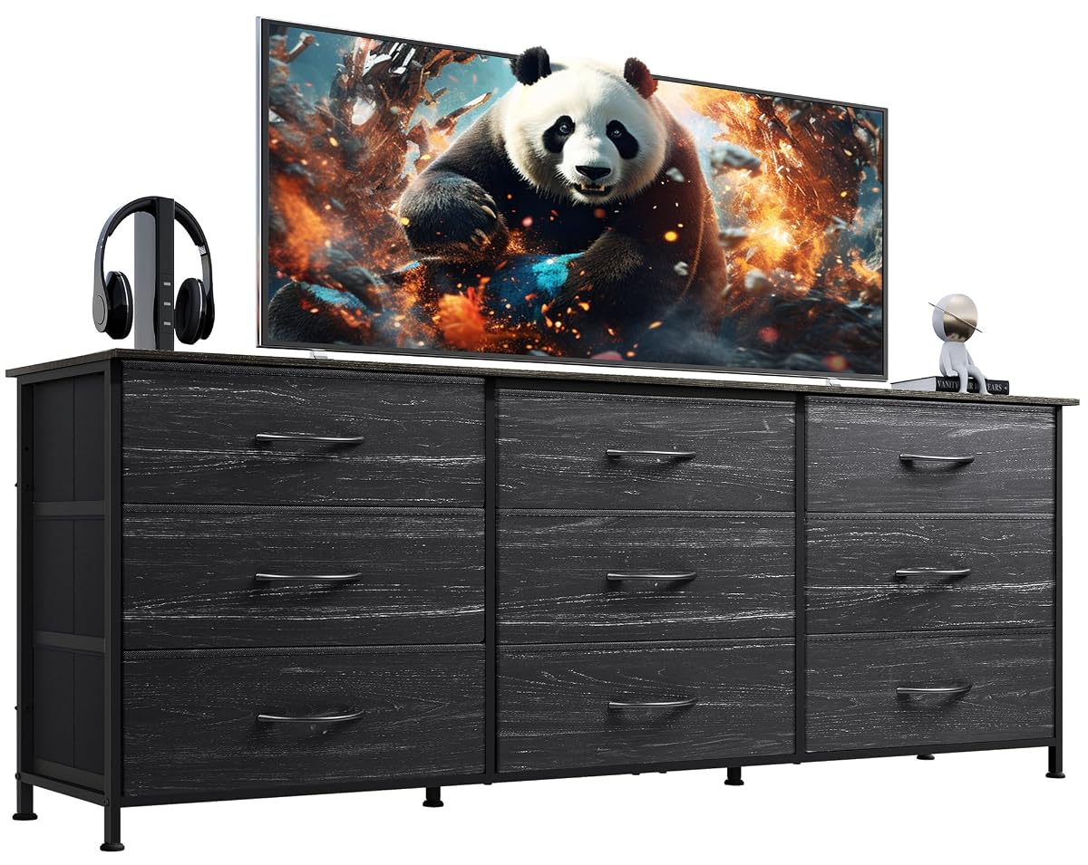 Dresser TV Stand for 75 Inches TV, 9 Fabric Drawers, Black Wood Grain