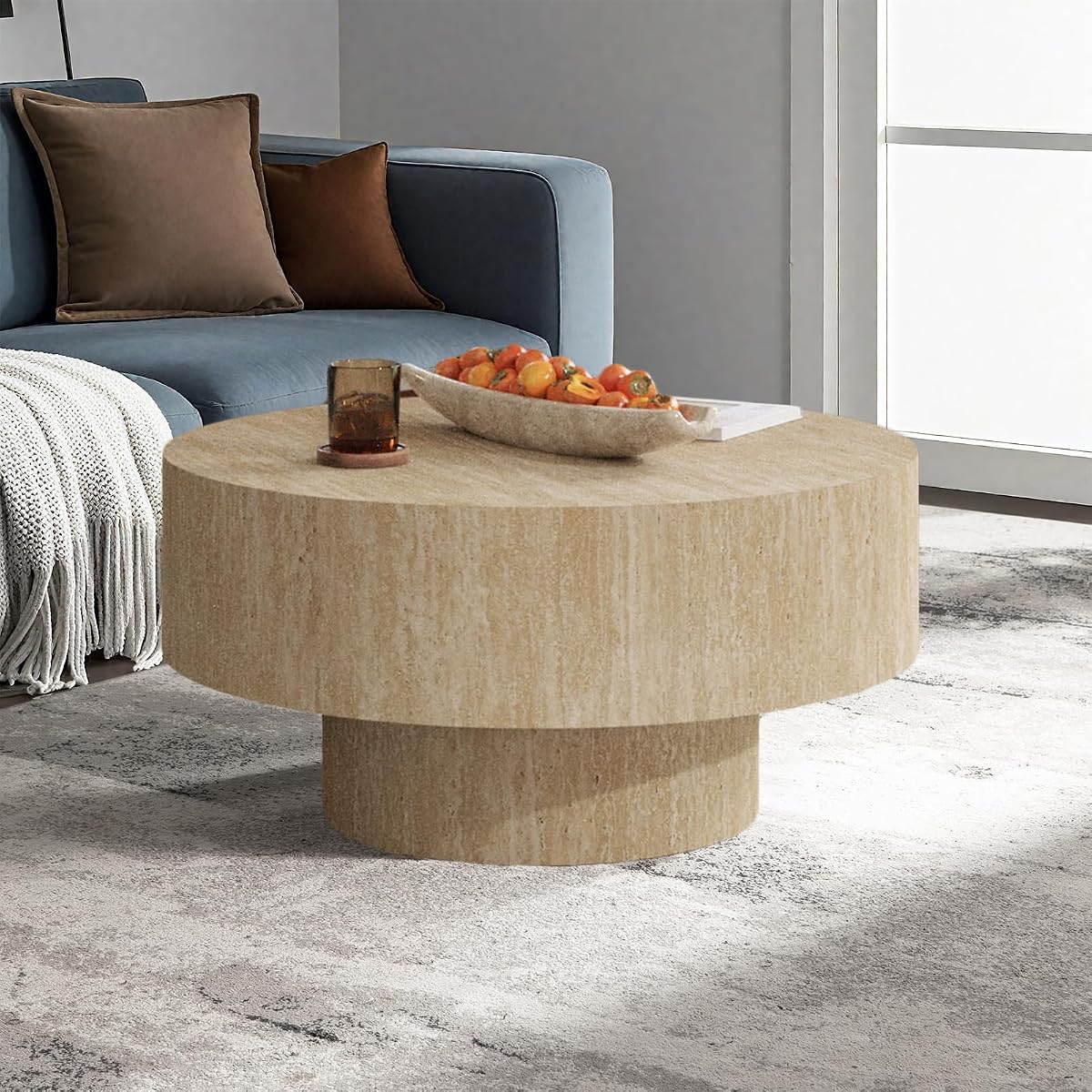 Travertine Coffee Table, Round Coffee Table Farmhouse Small Circle Wood Center Tables Mid Century Modern Low Circular Tea Tables for Living Room Apartment Easy Assemble,Round