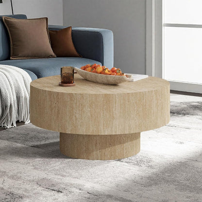 Travertine Coffee Table, Round Coffee Table Farmhouse Small Circle Wood Center Tables Mid Century Modern Low Circular Tea Tables for Living Room Apartment Easy Assemble,Round