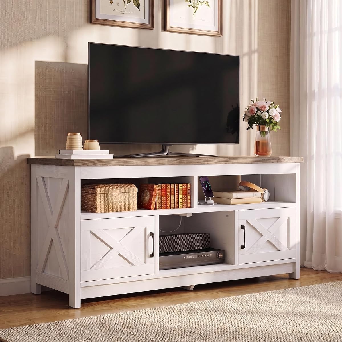 Farmhouse TV Stand, Charging Hub for 65 Inch TV, Grey Washed & White