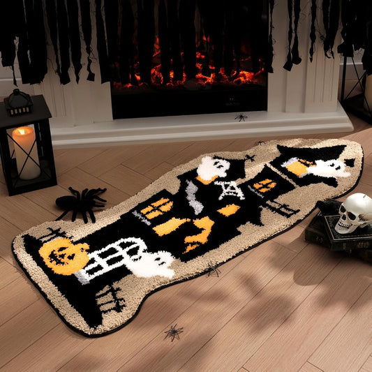 Happy Halloween Rug Haunted House Shaped Area Rug, Soft Tufted Floor Mat for Front Door, Non-Slip Decorative Rug Gothic Halloween Doormat for Living Room Bathroom, Black, 18 x 47 inches