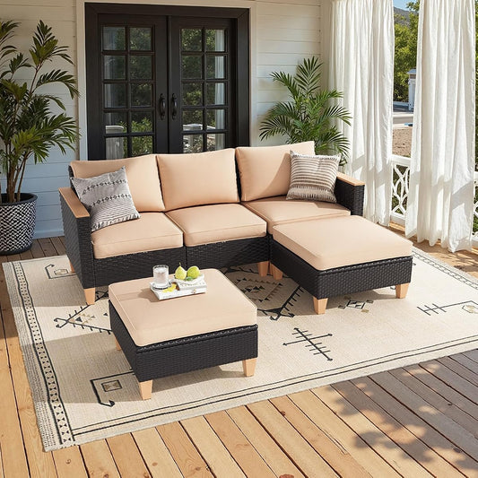 Outdoor Furniture Set, 5 Piece Patio Conversation Set with Cushions, PE Outdoor Wicker Conversation Set Sectional Patio Sofa, All-Weather Rattan Sofa for Backyard, Garden, and Poolside