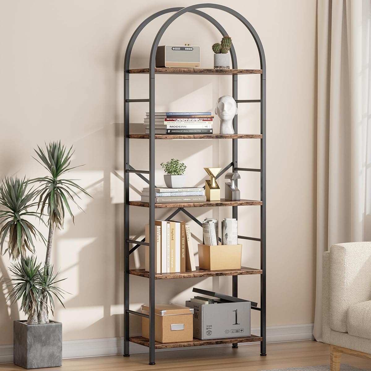 Bookshelf, Arched Bookshelf 5 Tier Bookcase, Tall Shelf for CDs/Books, Home Office Shelf Storage Organizer, Modern Book Shelf for Bedroom/Living Room, Rustic Brown