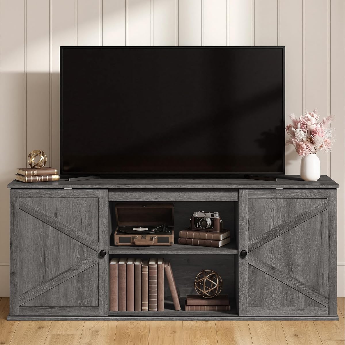 Farmhouse TV Stand for 65'' TV, Media Console, Sliding Barn Doors
