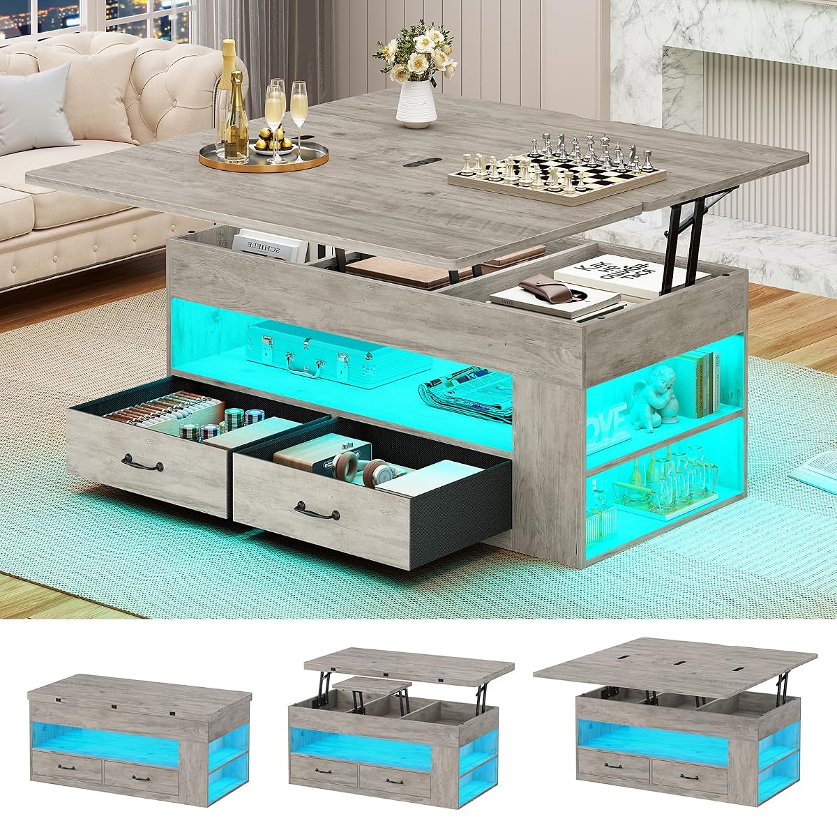 Lift Top Coffee Table, 4 in 1 Coffee Tables with Storage and Hidden Compartment, Farmhouse Coffee Table with 2 Fabric Drawers & LED Light for Living Room, Grey Oak