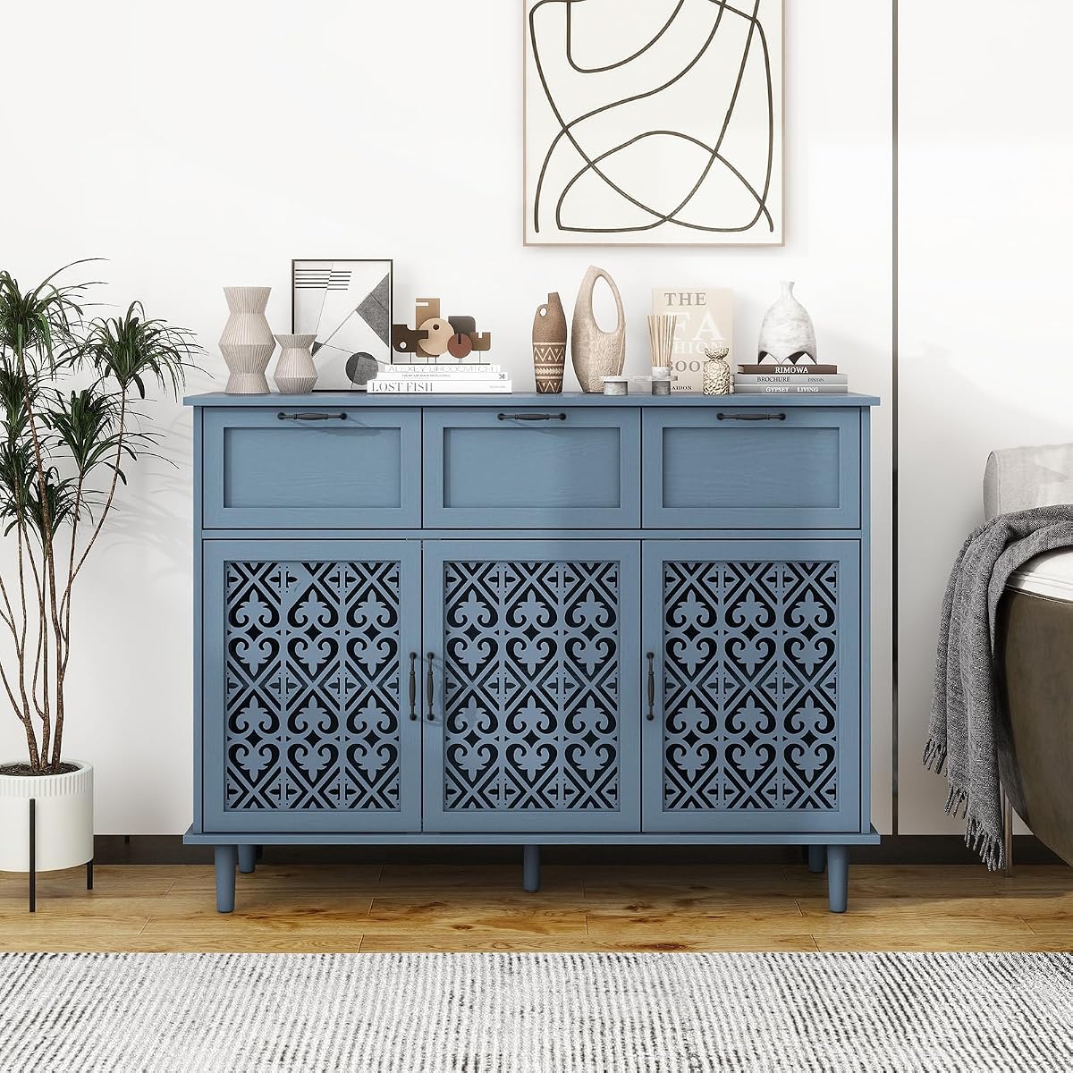 Blue 3 Doors 3 Drawers Buffet Sideboard Cabinet - Accent Cabinet with Adjustable Shelves，47 Inch Wide Wood Storage Cabinets for Dining Room,Living Room and Kitchen