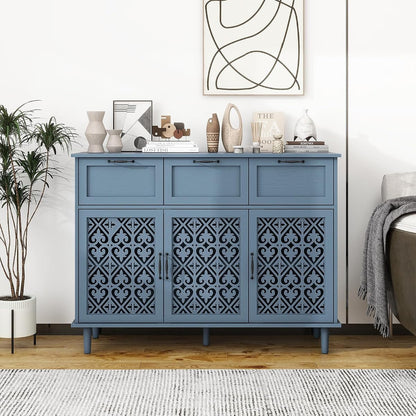 Blue 3 Doors 3 Drawers Buffet Sideboard Cabinet - Accent Cabinet with Adjustable Shelves，47 Inch Wide Wood Storage Cabinets for Dining Room,Living Room and Kitchen