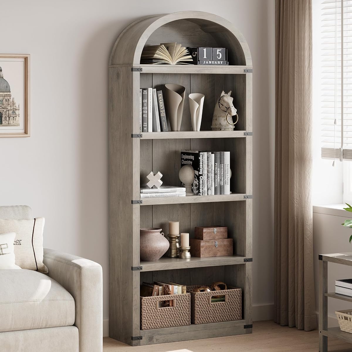 Bookcase 5 Shelf Arched Bookshelf 71.65 in Tall Bookcase Farmhouse Display
